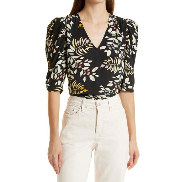 BA&SH Cross Top Floral Leaf Print Puff Sleeve Top Black Size Small/ US 4 - Picture 1 of 7